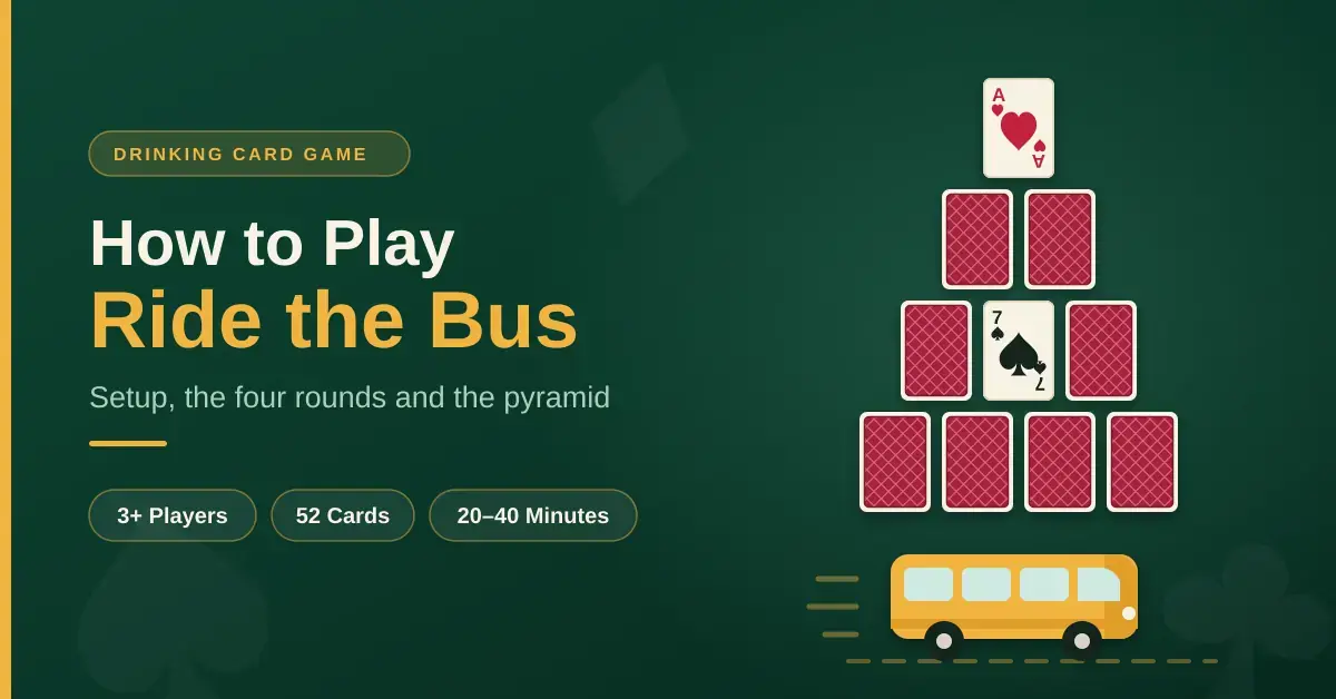 Illustration of a four-row pyramid of playing cards above a yellow bus, beside the title "How to Play Ride the Bus" with the labels 3+ players, 52 cards and 20–40 minutes.