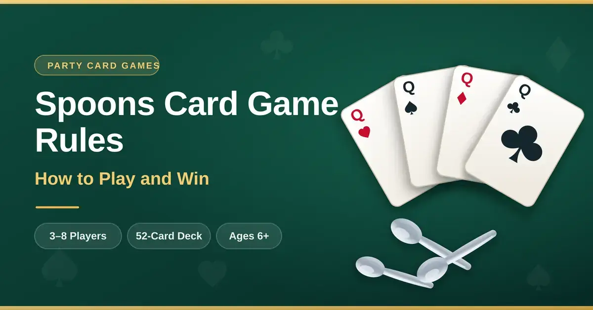 A green card-table graphic with the title "Spoons Card Game Rules: How to Play and Win" beside a fanned hand of four queens and three spoons lying on the table.